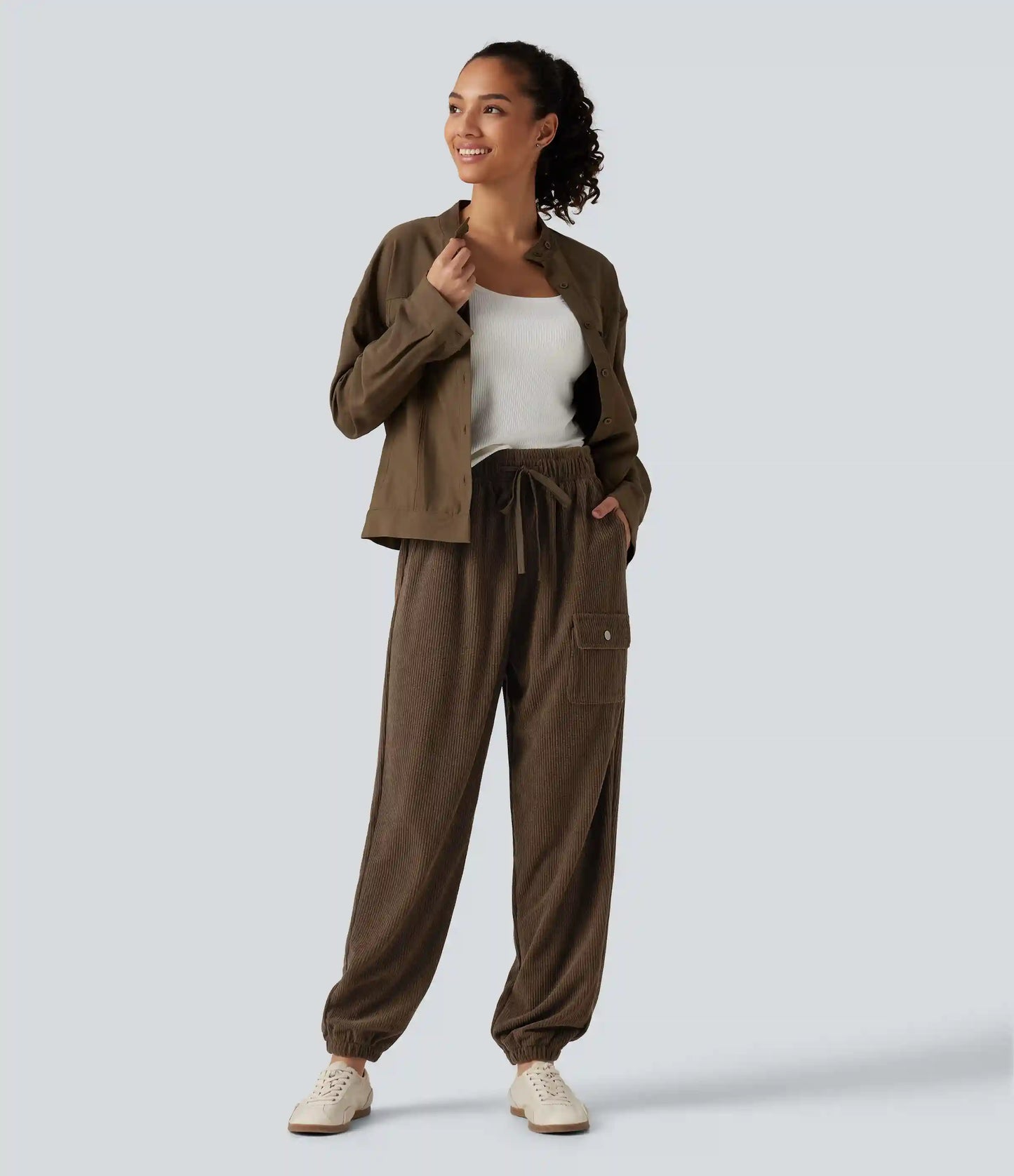 High Waisted Drawstring Tapered Corduroy Casual Joggers with Pockets