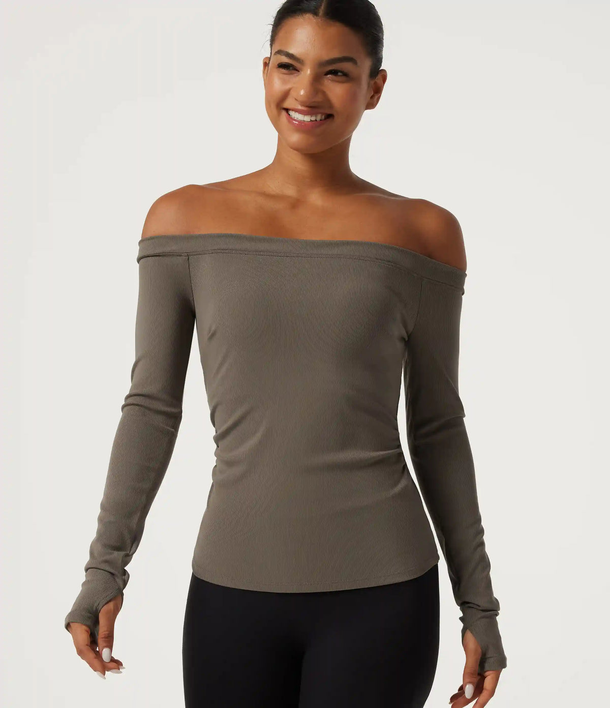 Ribbed Knit Off Shoulder Long Sleeve Thumb Hole Built-in Bra Yoga Sports Top