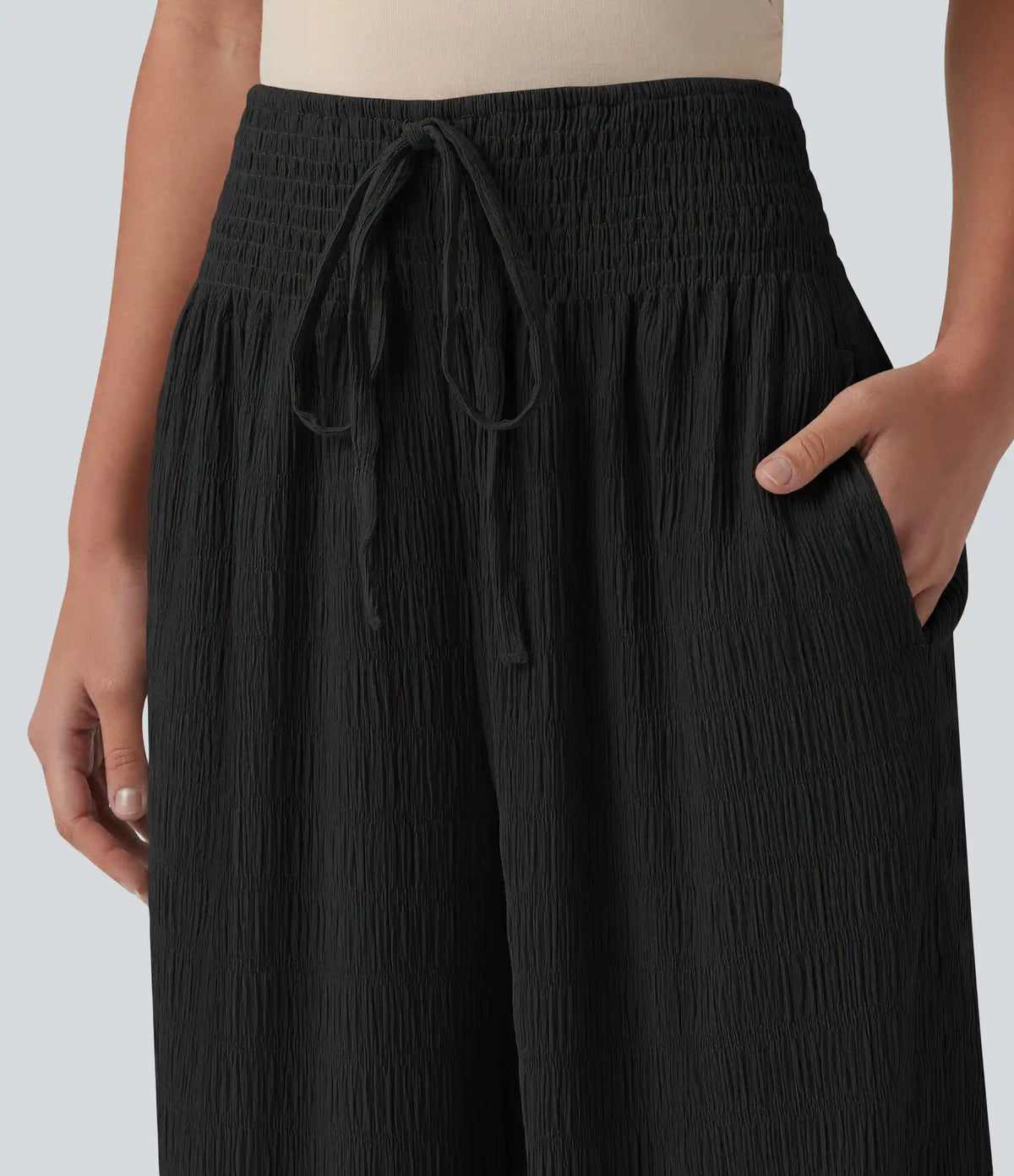 Mid Rise Drawstring Texture Resort Baggy Pants with Pockets