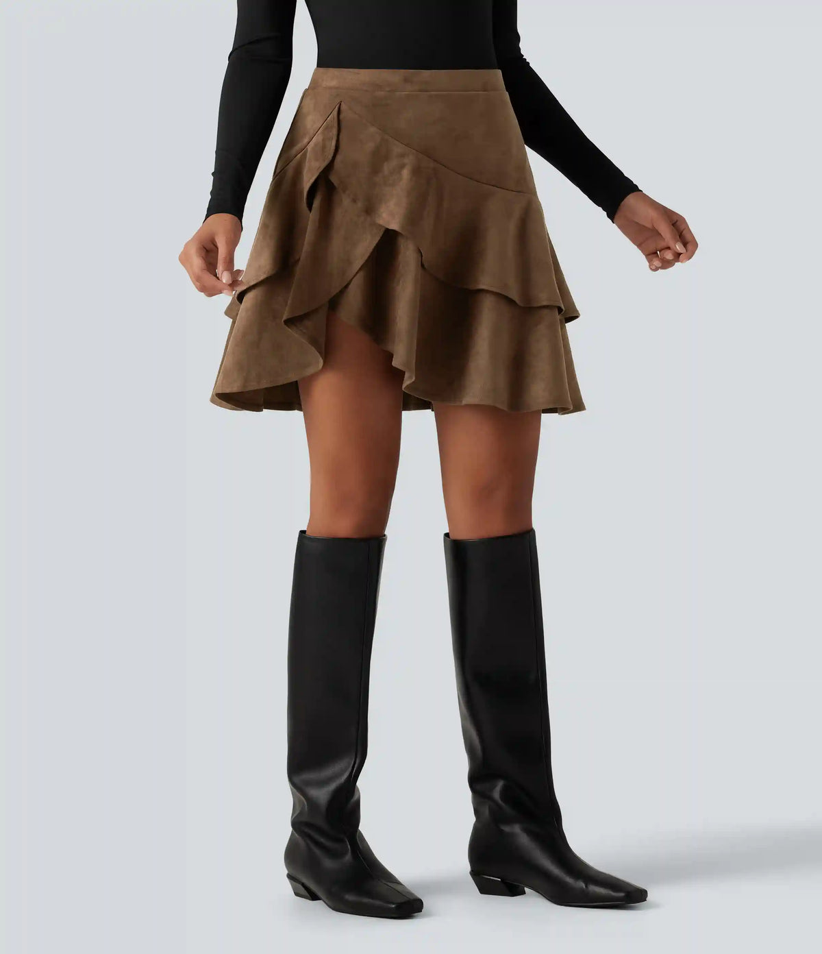 High Waisted Tiered Ruffle Hem 2-in-1 Longer Mini Suede Casual Skirt with Pocket