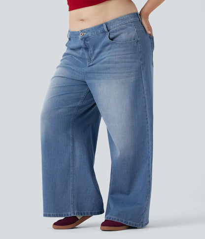 Plus Size Halara Flex™ Low Rise Wide Leg Washed Casual Jeans with Pockets