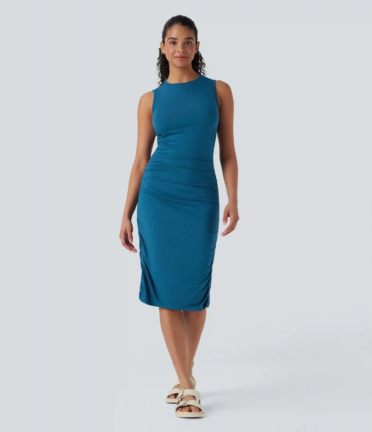 Round Neck Sleeveless Ruched Casual Bodycon Dress