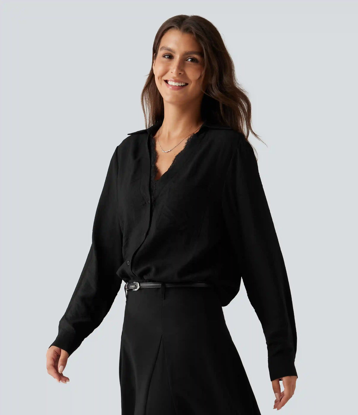 V Neck Contrast Lace Long Sleeve Work Shirt with Pocket