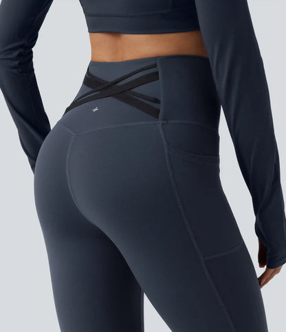 Halara Ultrasculpt™ High Waisted Tummy Control Crossover Back Pedal Pusher Running Leggings with Pockets