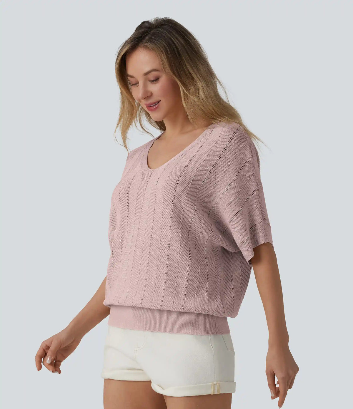V Neck Short Sleeve Casual Sweater