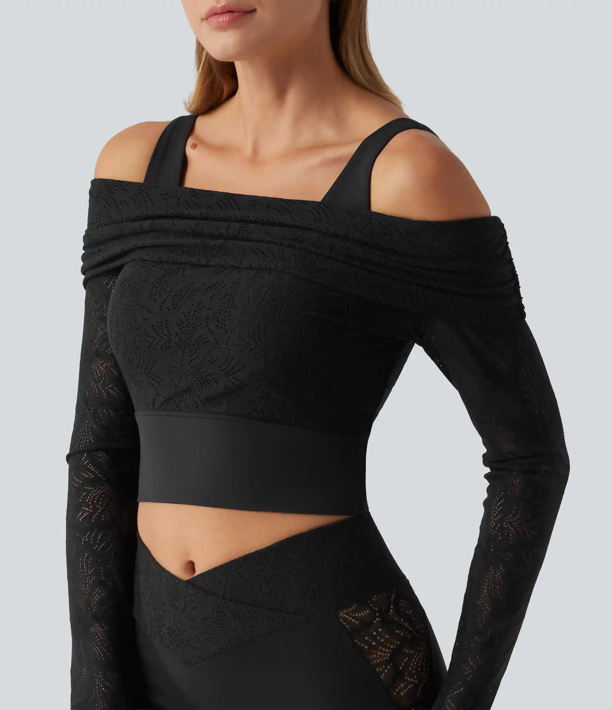 SoftlyZero™ Off Shoulder Long Sleeve Contrast Lace Yoga Sports Top with Built-in Bra