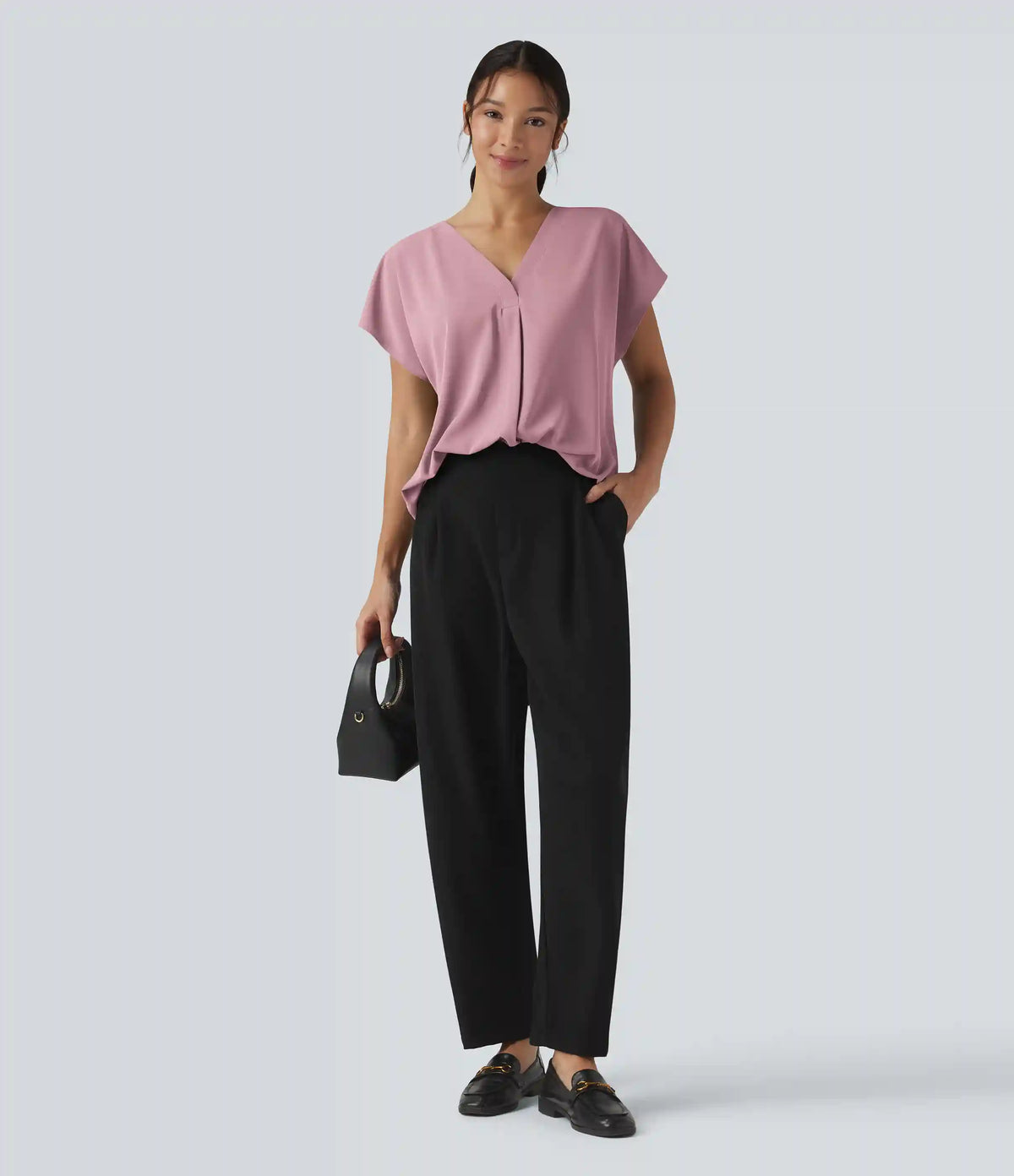 Wrinkle Recovery V-neck Short Sleeve Oversized Work Blouse