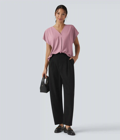 Wrinkle Recovery V-neck Short Sleeve Oversized Work Blouse