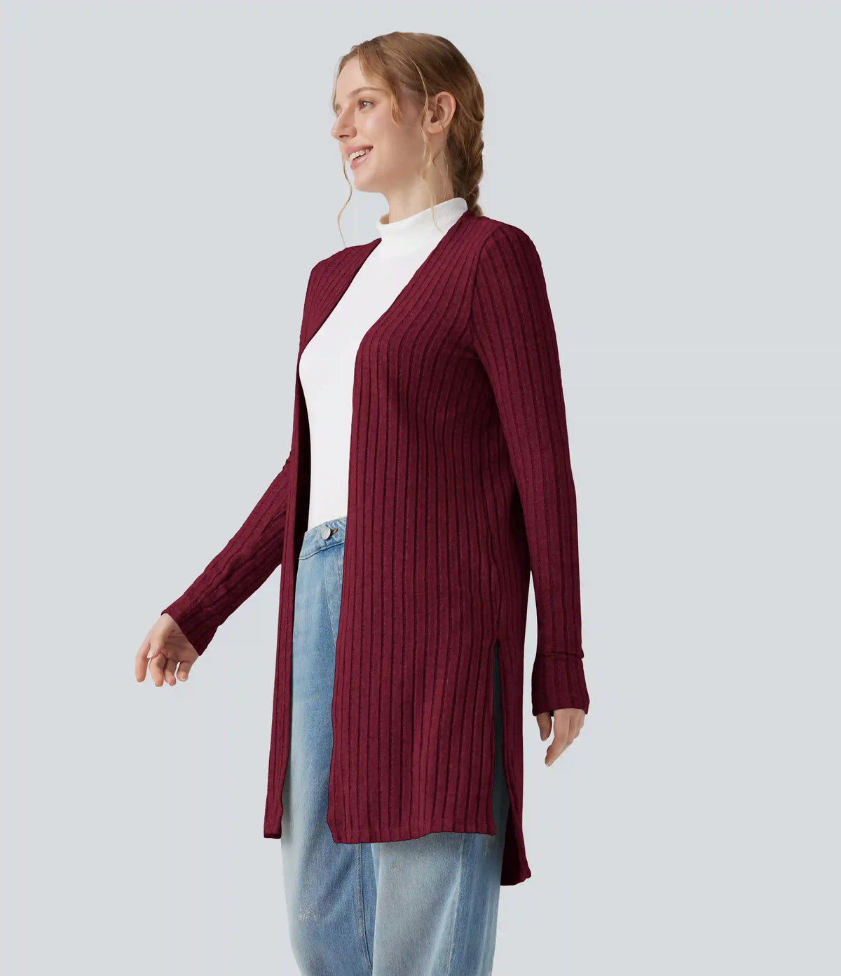 Ribbed Knit Long Sleeve Split Casual Cardigan