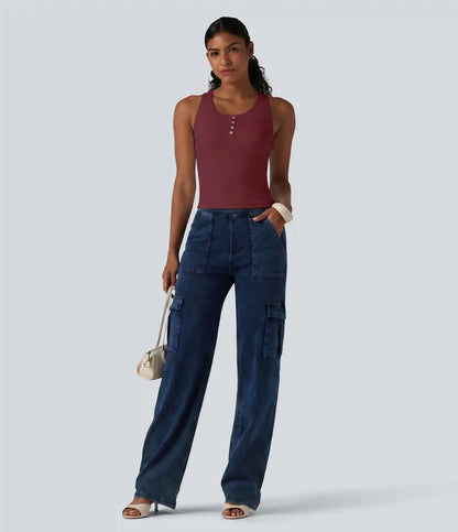 Ribbed Knit Round Neck Built-in Bra Casual Tank Top