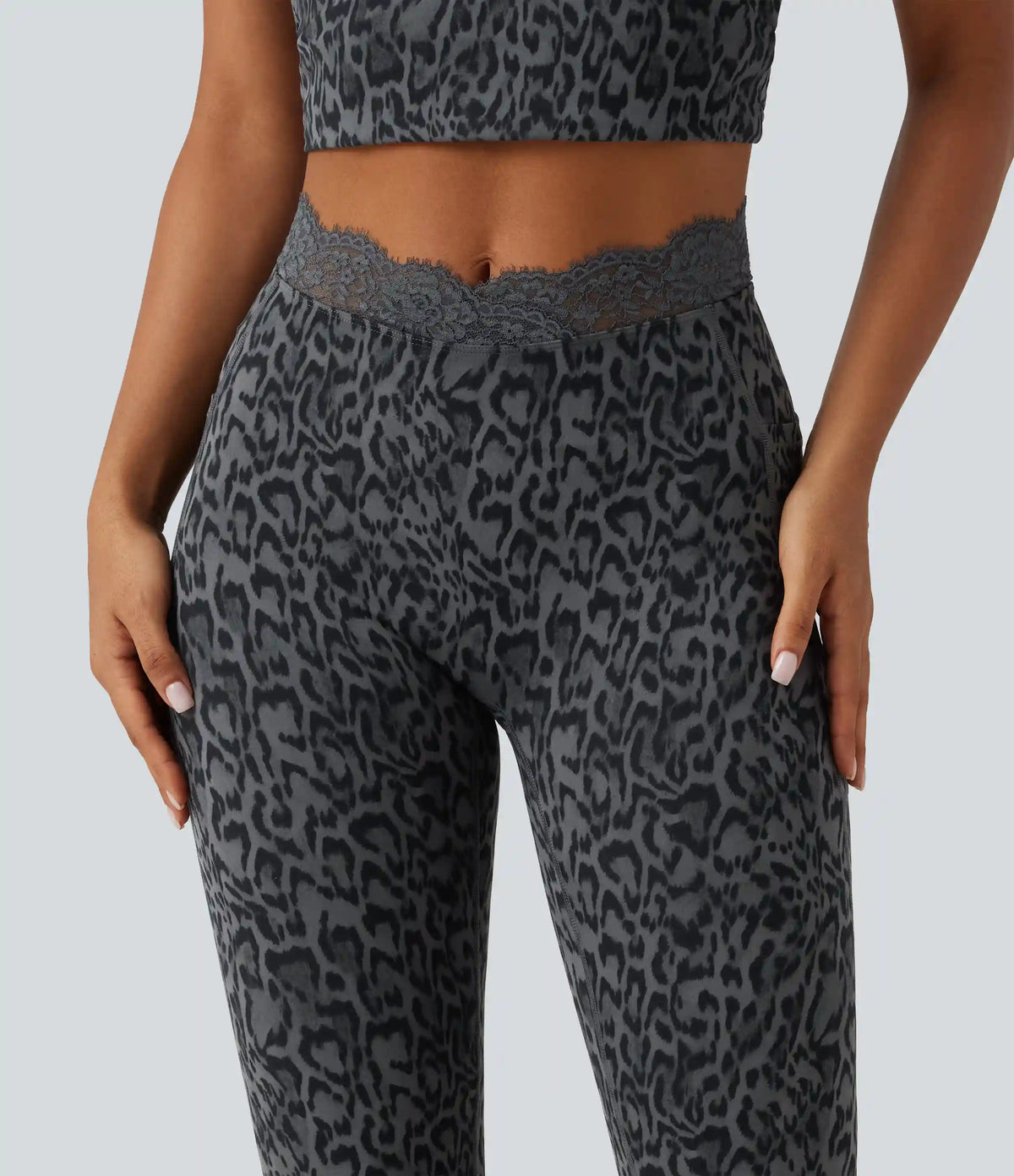 Halara UltraSculpt™ Leopard Print V-Shaped High Waisted Contrast Lace Yoga Flare Leggings with Pockets