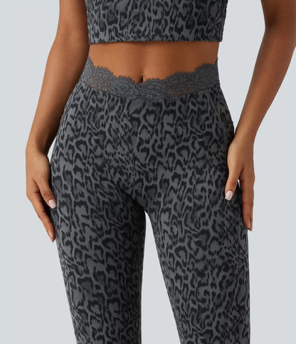 Halara UltraSculpt™ Leopard Print V-Shaped High Waisted Contrast Lace Yoga Flare Leggings with Pockets