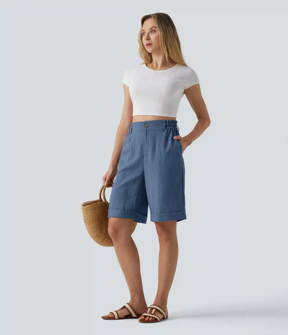 High Waisted Rolled Hem Linen-Feel Resort Bermuda Shorts 10'' with Pockets