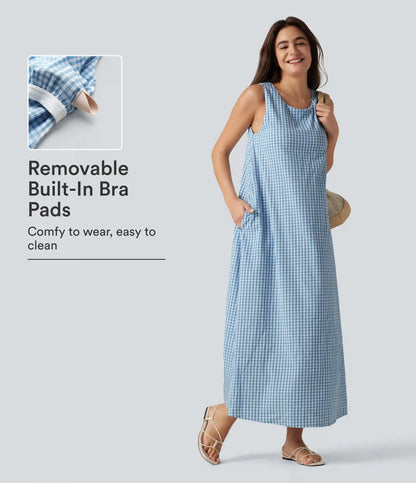 Round Neck Sleeveless Built-in Bra Midi Crinkle Gingham Casual Tank Dress with Pockets