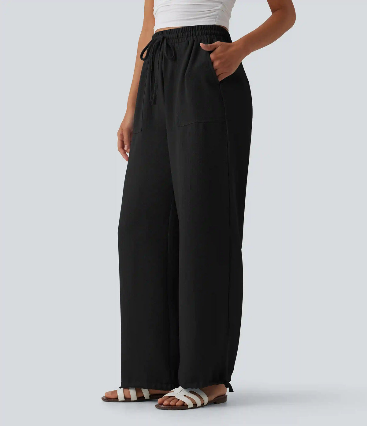High Waisted Drawstring Wide Leg Casual Linen-Feel Joggers with Pockets