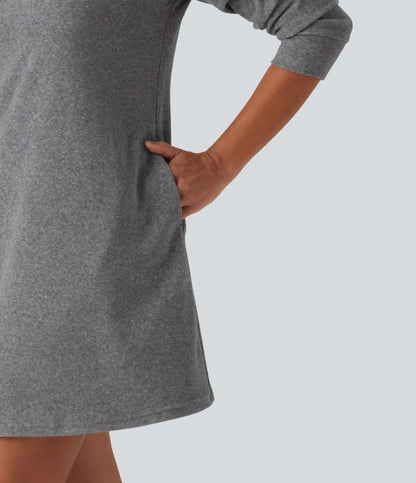 Round Neck Long Sleeve Mini Work Dress with Pockets