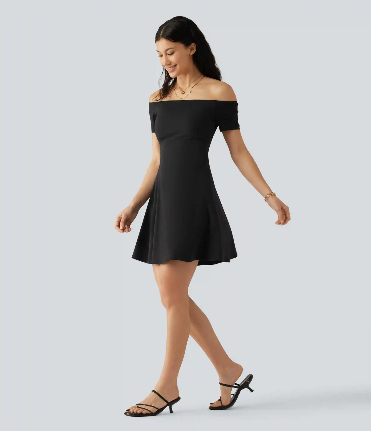 SoftlyZero™ Plush Off Shoulder Short Sleeve Built-in Bra Mini Casual Dress B-DD Cups