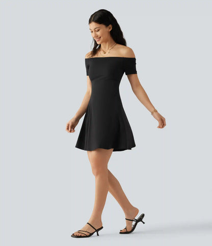 SoftlyZero™ Plush Off Shoulder Short Sleeve Built-in Bra Mini Casual Dress B-DD Cups