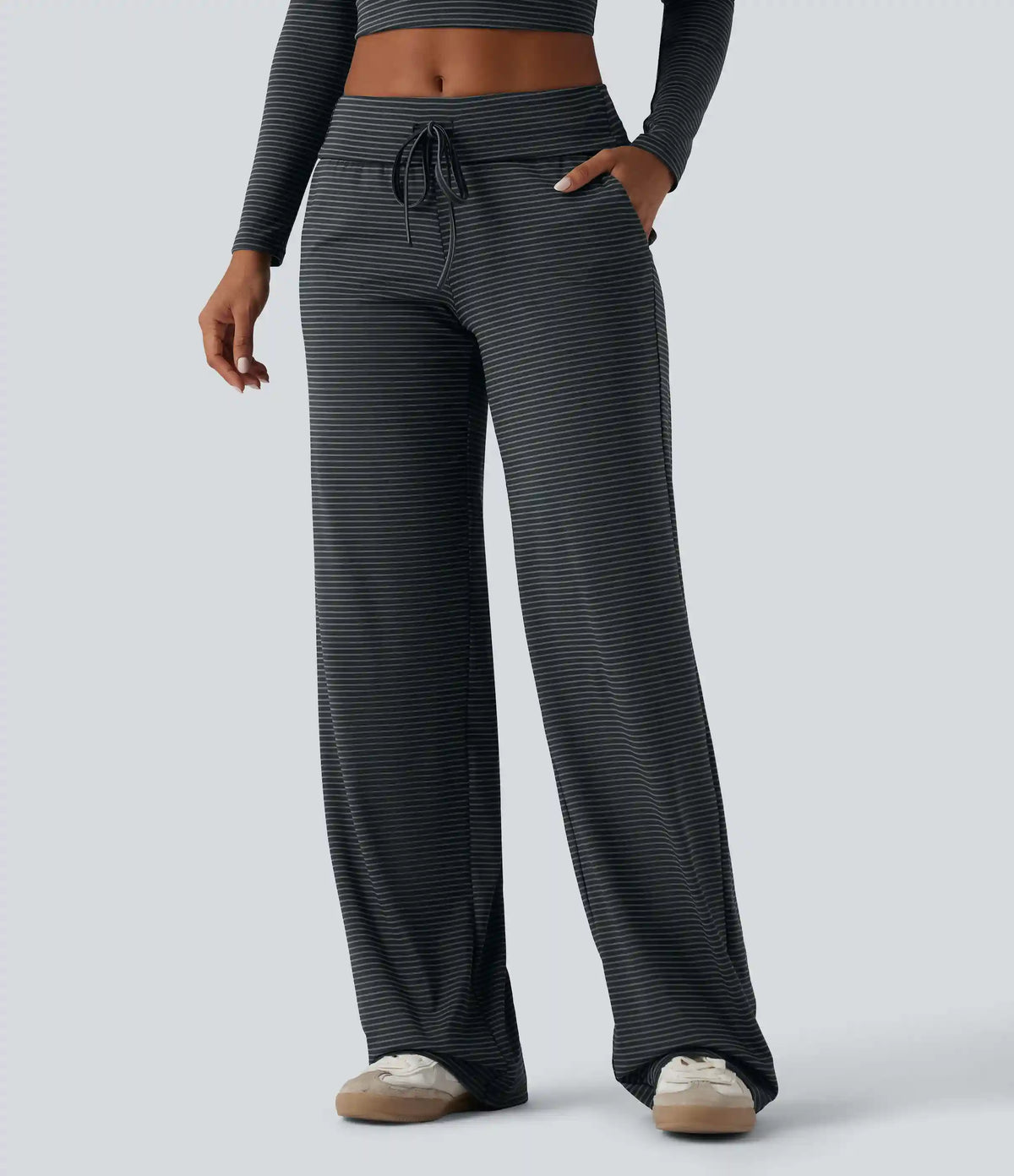 Foldover Low Rise Drawstring Stripes Casual Straight Leg Pants with Pockets