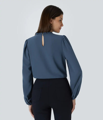 Frill Round Neck Keyhole Back Long Sleeve Work Blouse
