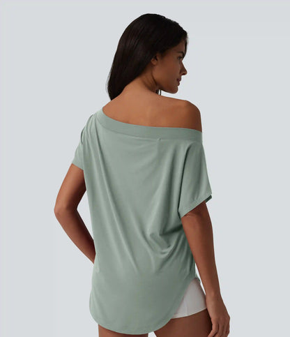 One Shoulder Short Sleeve Curved Hem High Low Quick Dry Yoga Sports Top-Built-in Bra