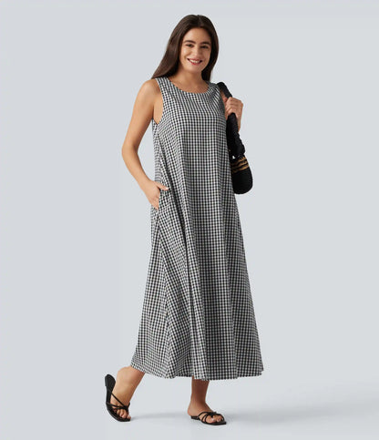 Round Neck Sleeveless Built-in Bra Midi Crinkle Gingham Casual Tank Dress with Pockets