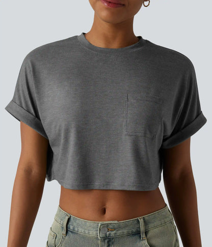 Round Neck Short Sleeve Relaxed Cropped Heathered Casual T-Shirt with Pocket
