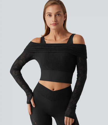 SoftlyZero™ Off Shoulder Long Sleeve Contrast Lace Yoga Sports Top with Built-in Bra