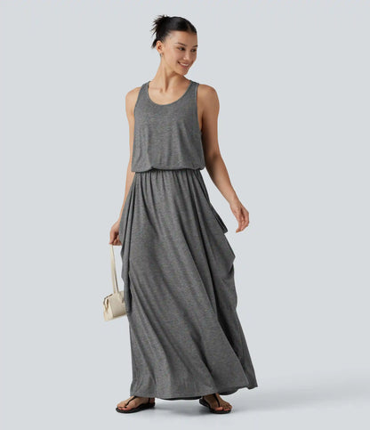 Sleeveless Cut-Out Back Maxi Casual Draped Dress with Pockets