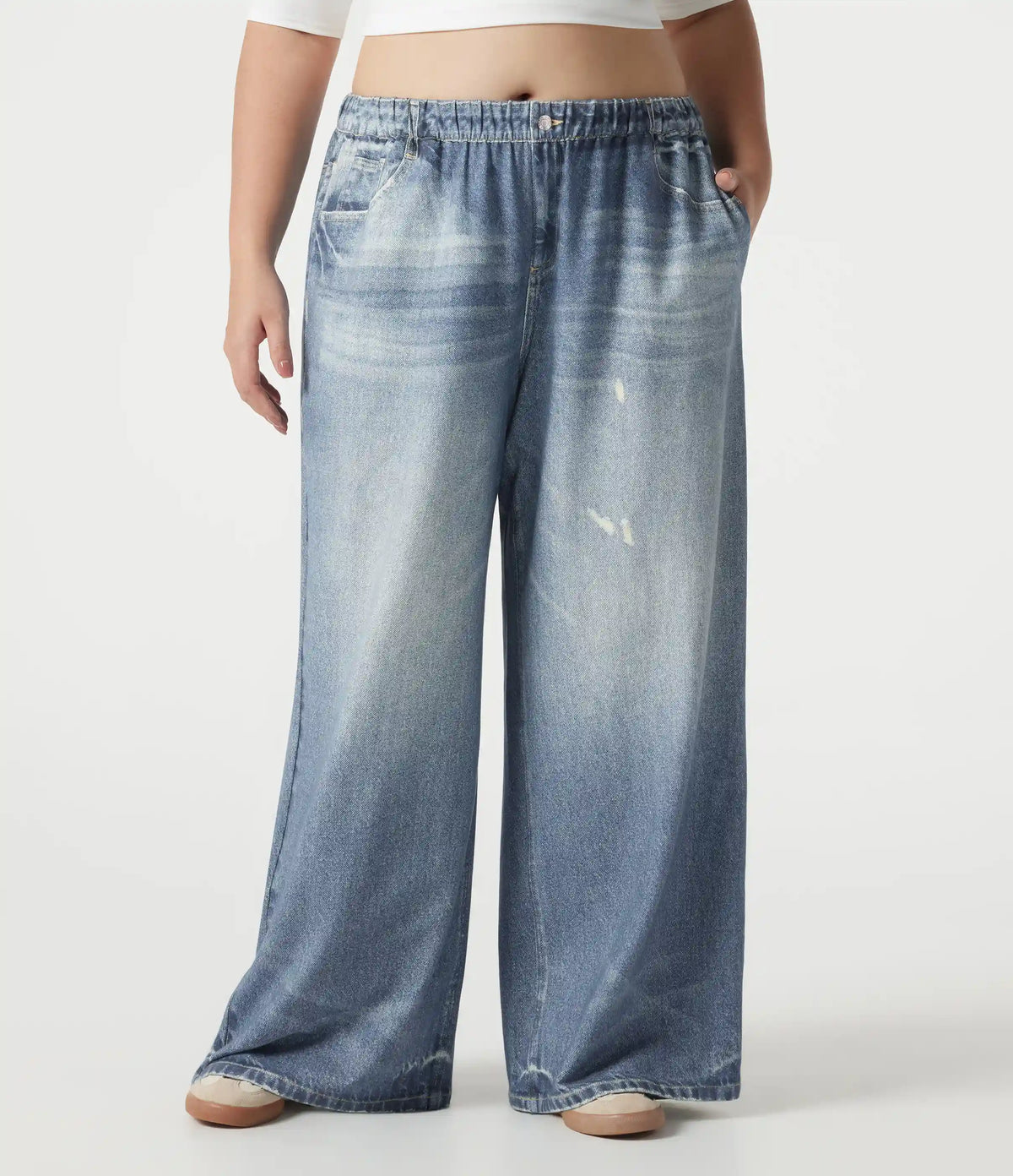 Plus Size Mid Rise Denim Print French Terry Casual Sweatpants Jeans with Pockets