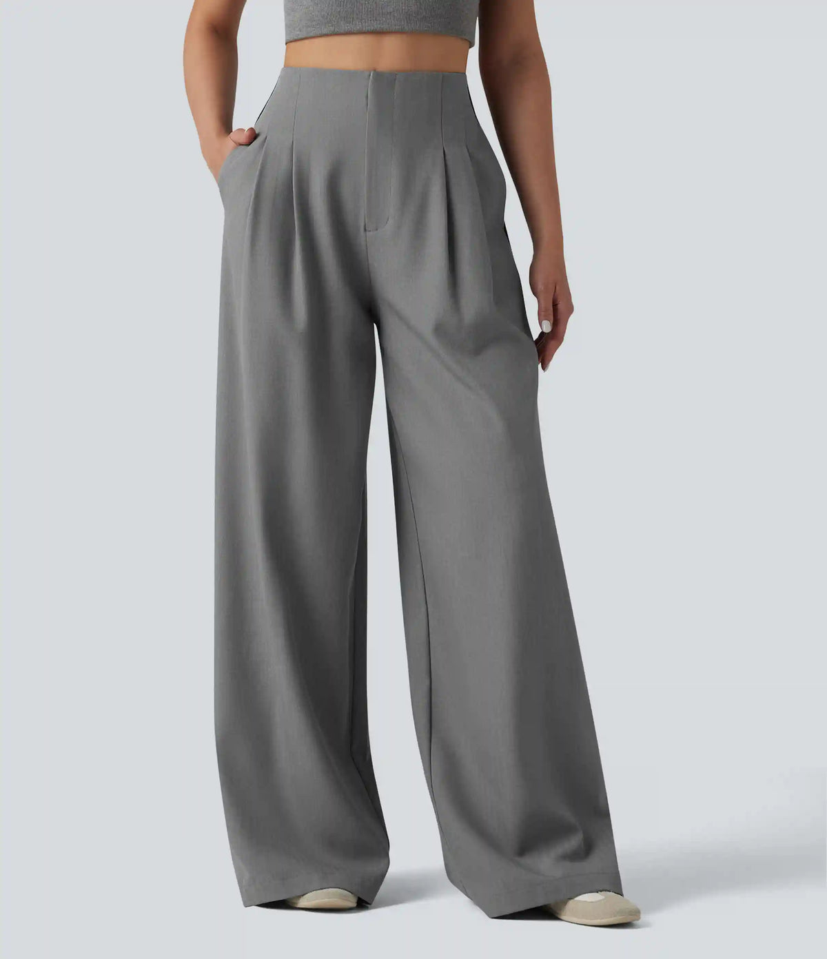 Wrinkle Recovery High Waisted Baggy Color Block Casual Linen-Feel Pants with Pockets