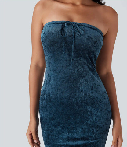 Tube Tie Front Bodycon Mermaid Velvet Mesh Maxi Dress