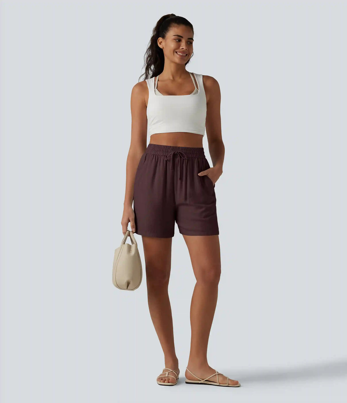 High Waisted Drawstring Casual Linen-Blend Baggy Shorts 5'' with Pockets