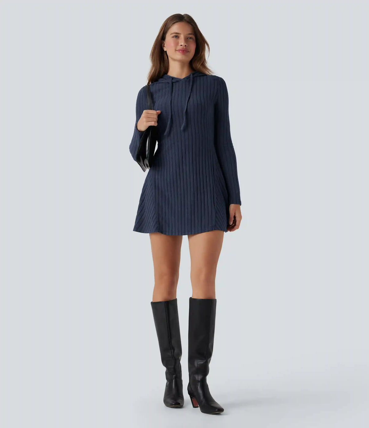 Ribbed Knit Hooded Drawstring Long Sleeve Mini Casual Dress