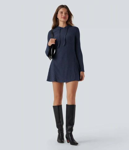 Ribbed Knit Hooded Drawstring Long Sleeve Mini Casual Dress