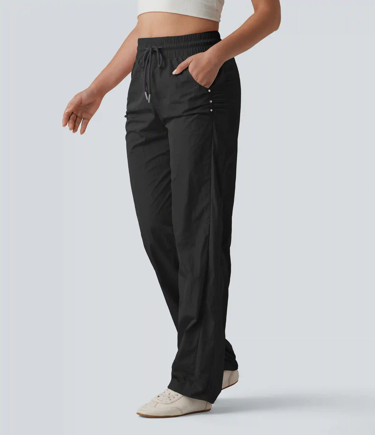 High Waisted Drawstring Studded Straight Leg Casual Pants with Pockets