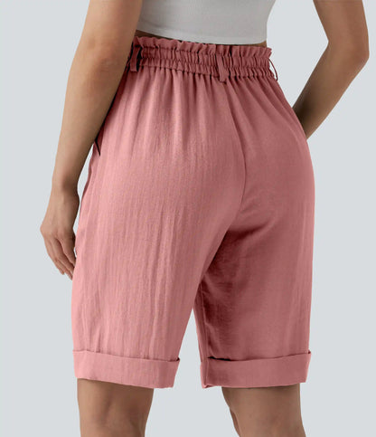 High Waisted Rolled Hem Linen-Feel Resort Bermuda Shorts 10'' with Pockets