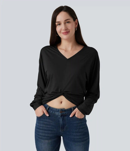 V Neck Batwing Long Sleeve Twisted Casual Top