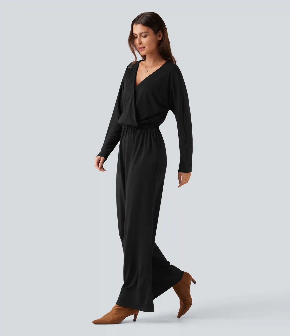 V Neck Long Sleeve Work Jumpsuit with Pockets
