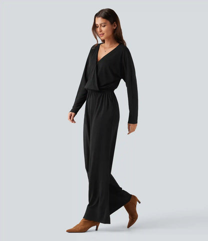 V Neck Long Sleeve Work Jumpsuit with Pockets