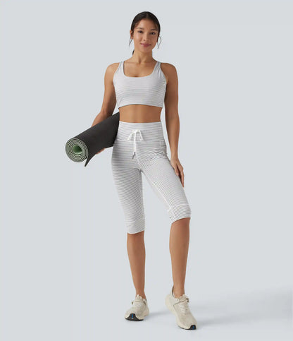 High Waisted Drawstring Stripe Pedal Pusher Yoga Leggings with Pockets