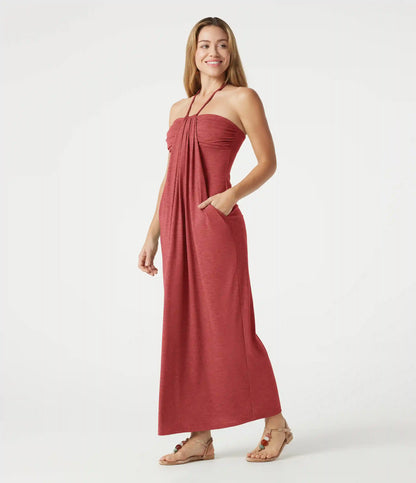 Halter Tie Back Built-in Bra Heathered Maxi Dress with Pockets