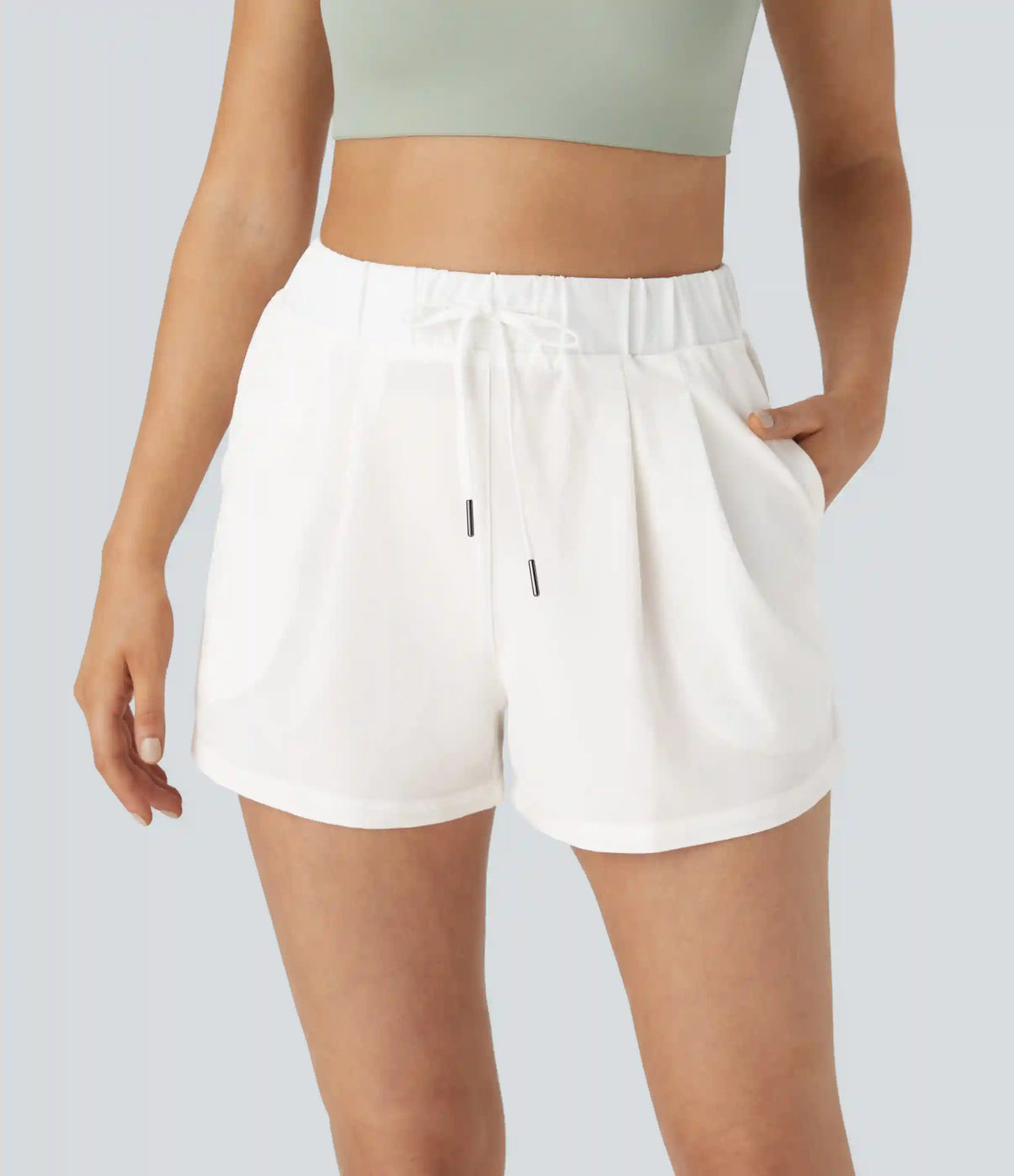 High Waisted Elastic Waistband Drawstring Pleated Yoga Shorts 3" with Pockets