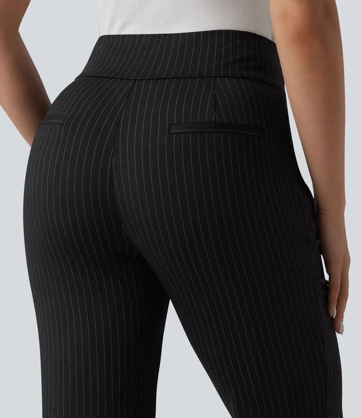 Mid Rise Stripe Work Flare Pants with Pockets
