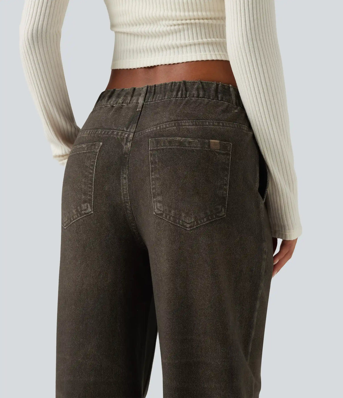 Mid Rise Wide Leg Denim Print French Terry Casual Jeans with Pockets
