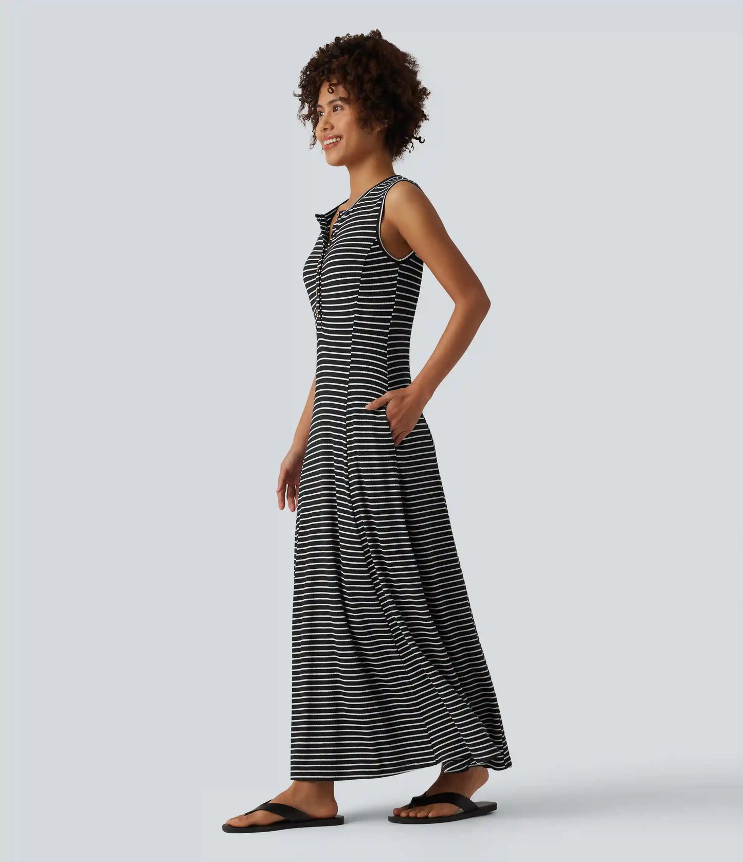 Henley Sleeveless Stripes Maxi Casual Flowy Dress with Pockets
