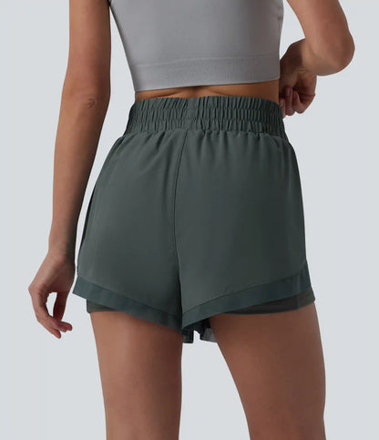High Waisted Contrast Mesh 2-in-1 Running Shorts with Pockets