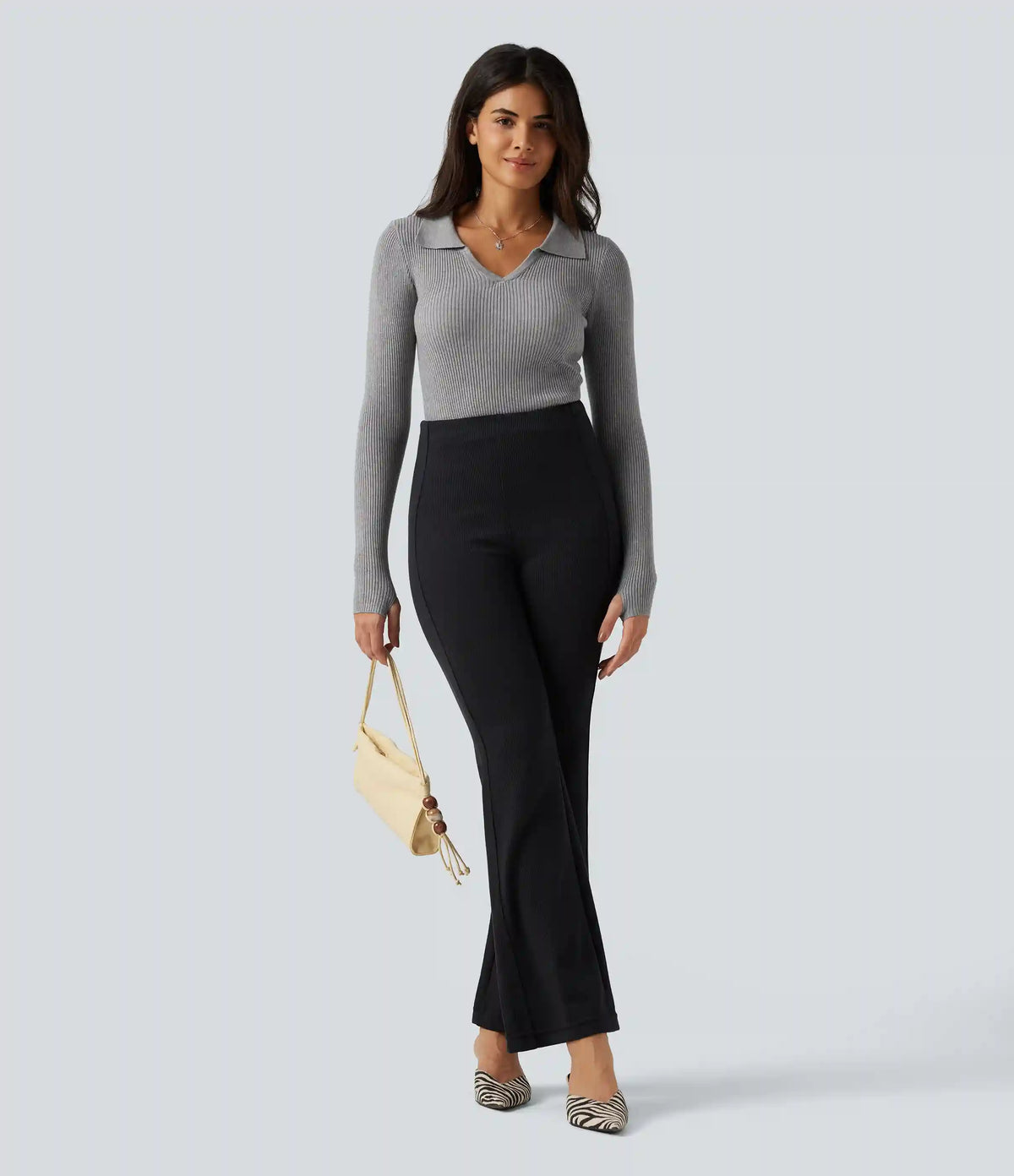 Lapel Long Sleeve Thumb Hole Work Sweater