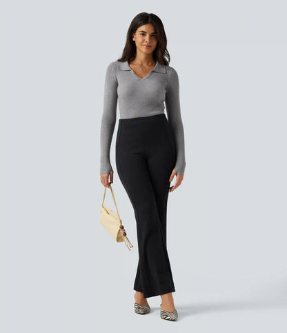 Lapel Long Sleeve Thumb Hole Work Sweater