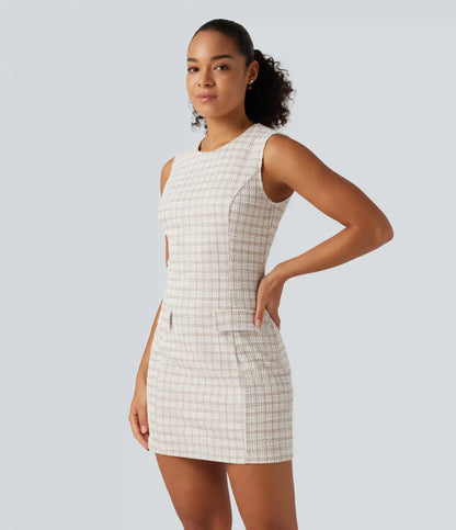 Round Neck Sleeveless Plaid Work Mini Dress